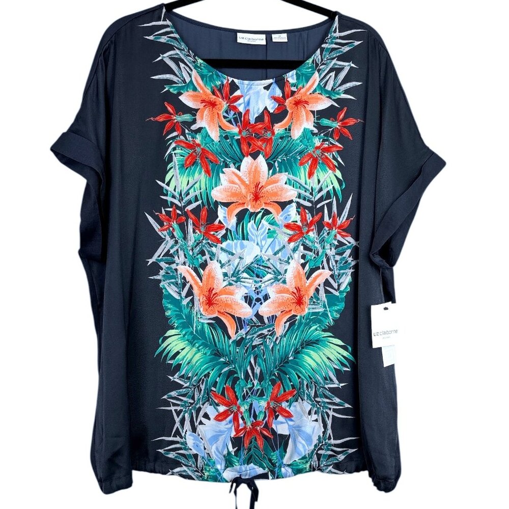 Liz Claiborne Tropical Heat Top Women’s 1X Navy Multi NWT Floral Drawstring Hem
